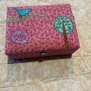Pink Floral Embroidered Jewelry Box with Bird & Tree Motif